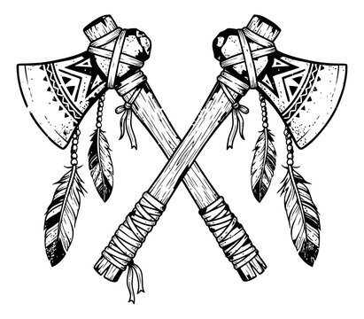 Hand drawn line art illustration of two crossed tomahawks depicting tribal decorations and feathers for cultural designs