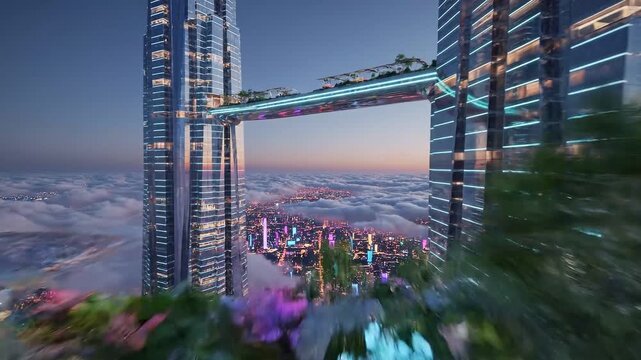 Futuristic Megacity Skyscrapers Sky Bridge Smart Urban Living. 4K Footage video