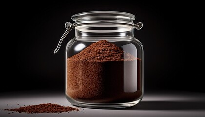 A Glass Jar Of Ground Coffee Stands Isolated On A Solid Black Background