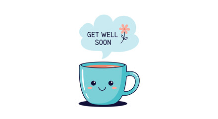 Sweet get well soon greeting illustration with a friendly blue character mug and a floral message bubble on a white background.
