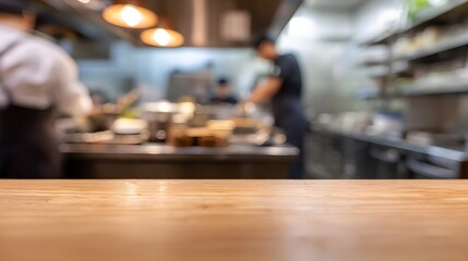 Warm kitchen scene chef prepares food on a wooden table inviting culinary atmosphere stock photo