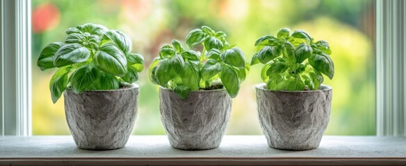 The Basil Plants on a Sunlit Windowsill in Three Rustic Stone Planters