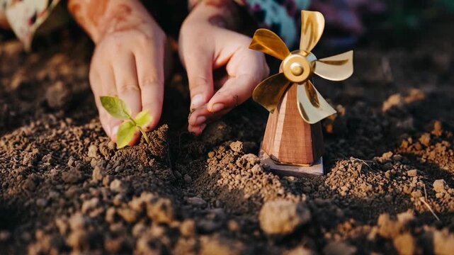 Green energy transition with child hand planting seedling in soil near wind turbine model, symbolizing hope, sustainable growth, eco friendly future, and renewable resources for environment