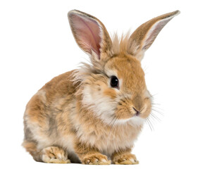 Fototapeta premium A fluffy, tan-colored bunny rabbit with long ears and a slightly turned head, isolated