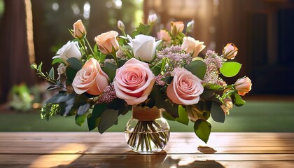 Beautiful Cottage Style Flower Arrangement In A Vase On A Wooden Floor Flower Bunch Includes Roses Thryp And Lush Green Foliage