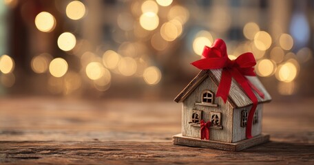 Obraz premium The House Adorned with a Red Ribbon Bow on Rustic Wooden Holiday Background