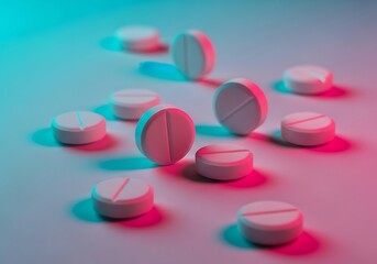 Pills scattered on a surface with a neon glow