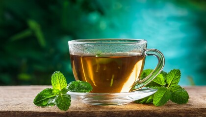 Fresh Mint Tea In Glass Cup With Mint Leaves On Wooden Surface