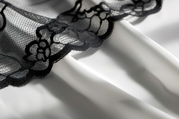 A black lace fabric rests on a smooth white surface, creating a play of light and shadow. The delicate patterns on the lace contrast with the white fabric below
