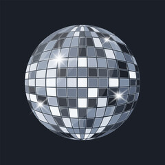 Futuristic blue steel chrome disco ball with mirror reflective surface on dark background. Cold metallic sphere with steel blue undertones and geometric facets. Modern technology and sci fi style illu