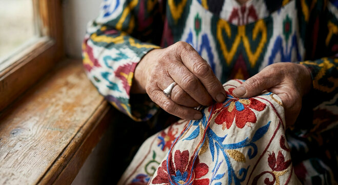 Close-up of an elderly woman's hands embroidering traditional Central Asian floral patterns on white fabric