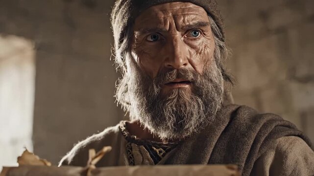 Close-up of an elderly historical figure holding an ancient parchment scroll. Bearded man lifting his gaze with a serious and intense expression. Biblical prophet or sage concept