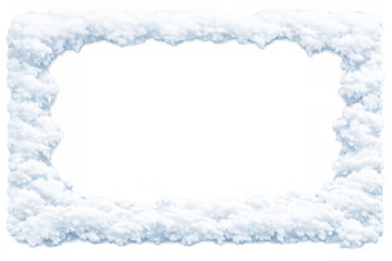 Snow frame border creating a rectangle, fluffy clouds texture, winter holiday background with transparent center