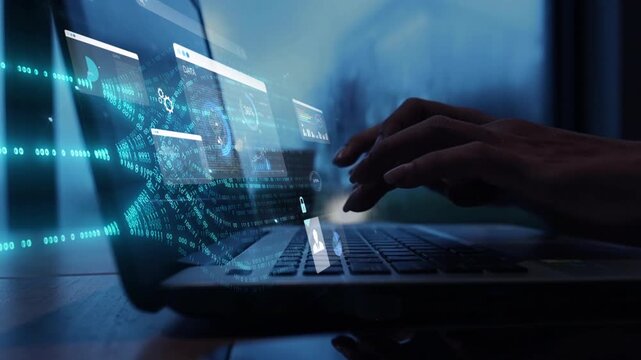 woman analyst uses a computer AI artificial intelligence and dashboard for data business analysis and Data Management System with KPI and metrics connected to the database for technology finance,	