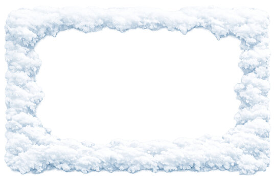Snow frame border creating a rectangle, fluffy clouds texture, winter holiday background with transparent center
