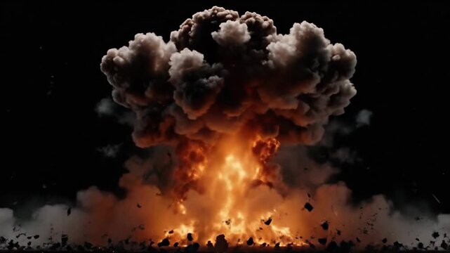 Dramatic explosion with fiery orange flames and billowing smoke against a dark background.