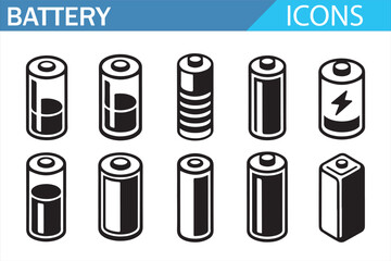 Battery icon set with charging levels in clean black outline vector style