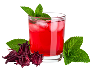 Vibrant red drink in glass with ice cubes, mint leaves, and hibiscus flowers