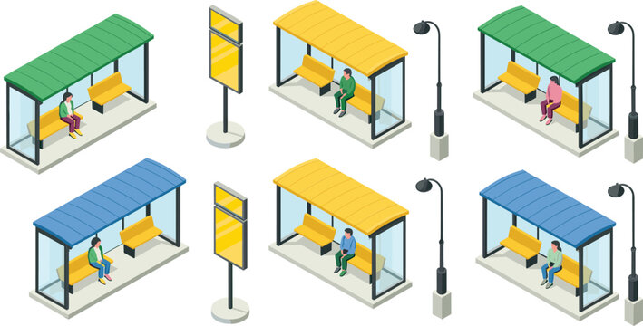 Isometric bus stop shelters illustration set, passengers waiting, public transport stations, urban street furniture, city transit scene