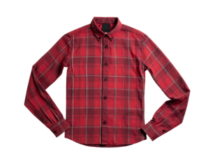 Red flannel shirt with a checked pattern, spread out on a black background