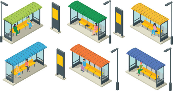 Isometric bus stop shelters illustration set, passengers waiting, public transport stations, city signboards, urban transit concept