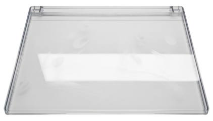 Transparent plastic jewel case cover with visible surface scratches on a transparent background