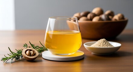 Glass of yellow liquid with nutmeg and rosemary on wooden table