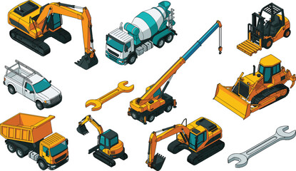 Isometric construction machinery illustration set, heavy equipment vehicles, excavator crane bulldozer, industrial engineering tools collection © VectoBloom