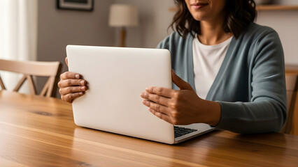 Naklejka premium Parent gently closing laptop at home for digital privacy concept