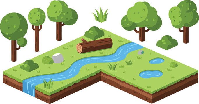 isometric forest river landscape scene with trees grass ponds soil layers nature terrain map game environment vector illustration