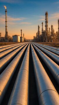 Parallel pipelines converging toward petrochemical refinery complex at golden hour. Wide-angle perspective shot.