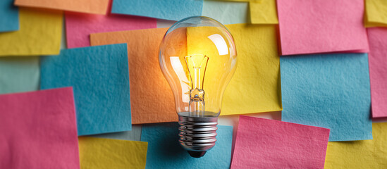 light bulb with colorful sticky notes concept background