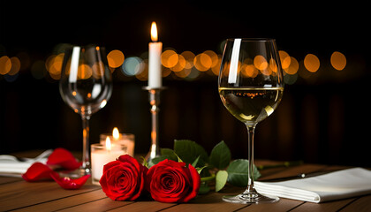 Romantic Candlelight Dinner Table with Red Roses and Wine Glasses