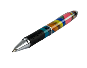 A vibrant, colorful, patterned writing instrument on a black background