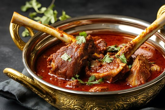 Spicy indian lamb curry in traditional copper handi ultra hd photo