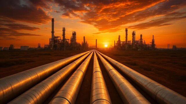 Industrial pipeline stretching toward oil refinery complex at sunset. Multiple processing towers silhouetted against orange sky
