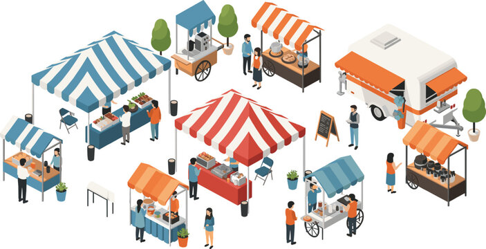Isometric Street Food Market Vector Illustration with Vendor Stalls, Food Trucks, Tents, and People Buying Snacks at Outdoor Fair Scene