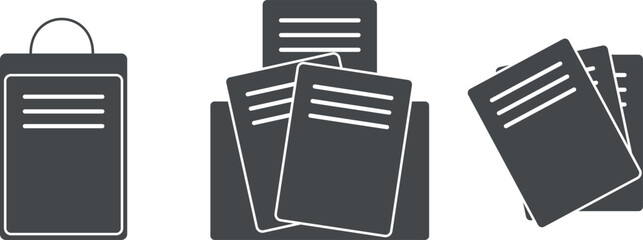 Office paper in files and a box, a box with valuable documents, sheets of paper, assets and finances, an accounting report, vector web icons, text printing on A4 paper. Contracts and applications