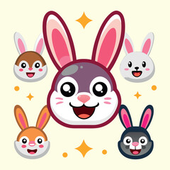 Fototapeta premium A collection of adorable cartoon rabbit faces with different fur colors and happy expressions