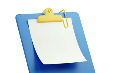 3D Render of a Blue Clipboard with White Paper and Yellow Clip