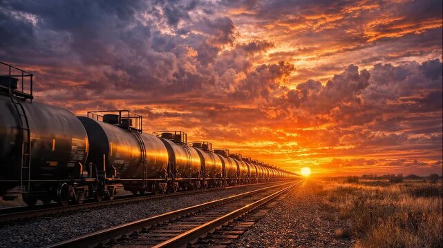 Tanker train stretching toward sunset across prairie landscape. Long line of cylindrical freight cars on railroad tracks at golden hour. Static wide shot.
