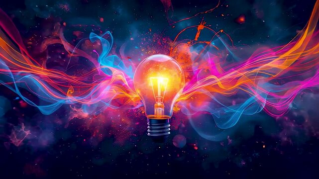 Glowing light bulb with colorful energy waves and electric motion expressing creative ideas innovation power and vibrant abstract design