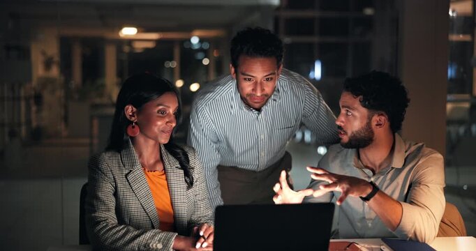 Business, people or laptop with advice at night for story headline, editorial guidance or feedback. Publishing agency, journalist or editor with tech for publication review, teamwork or blog deadline