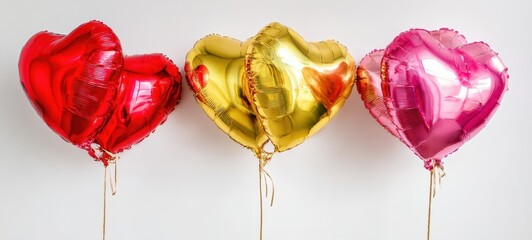 Obraz premium The heart-shaped balloons in red gold and pink against a clean white background