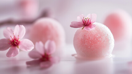 Macro Shot of Pink Sakura Dessert with Frost and Cherry Blossoms