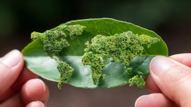 Person holding leaf with mossy world map highlighting nature and global connection