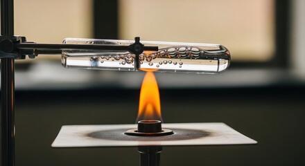 Experiment with test tube heating under flame demonstrating chemical reaction and gas formation