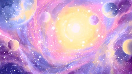 Dreamy cosmic illustration of a glowing star amidst swirling nebulae and vibrant planetary wonders