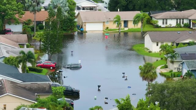 Flooded houses from hurricane rainfall water in residential community in Florida. Aftermath of natural disaster in USA south.