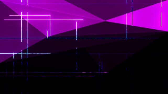 Abstract Geometric Design: An artistic composition of intersecting lines and geometric shapes unfolds against a gradient background in vibrant shades of magenta and purple.